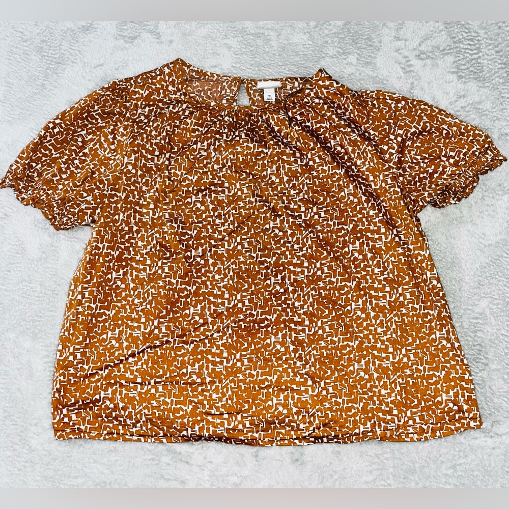 Ava & Viv Blouse Size 1X Beige and Coffee Color Round Neck Keyhole Back EUC